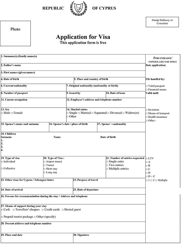 Tải mẫu đơn xin visa Cyprus